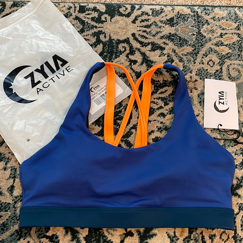 Zyia Active Neon Orange Navy Double Strap Light n Tight Medium